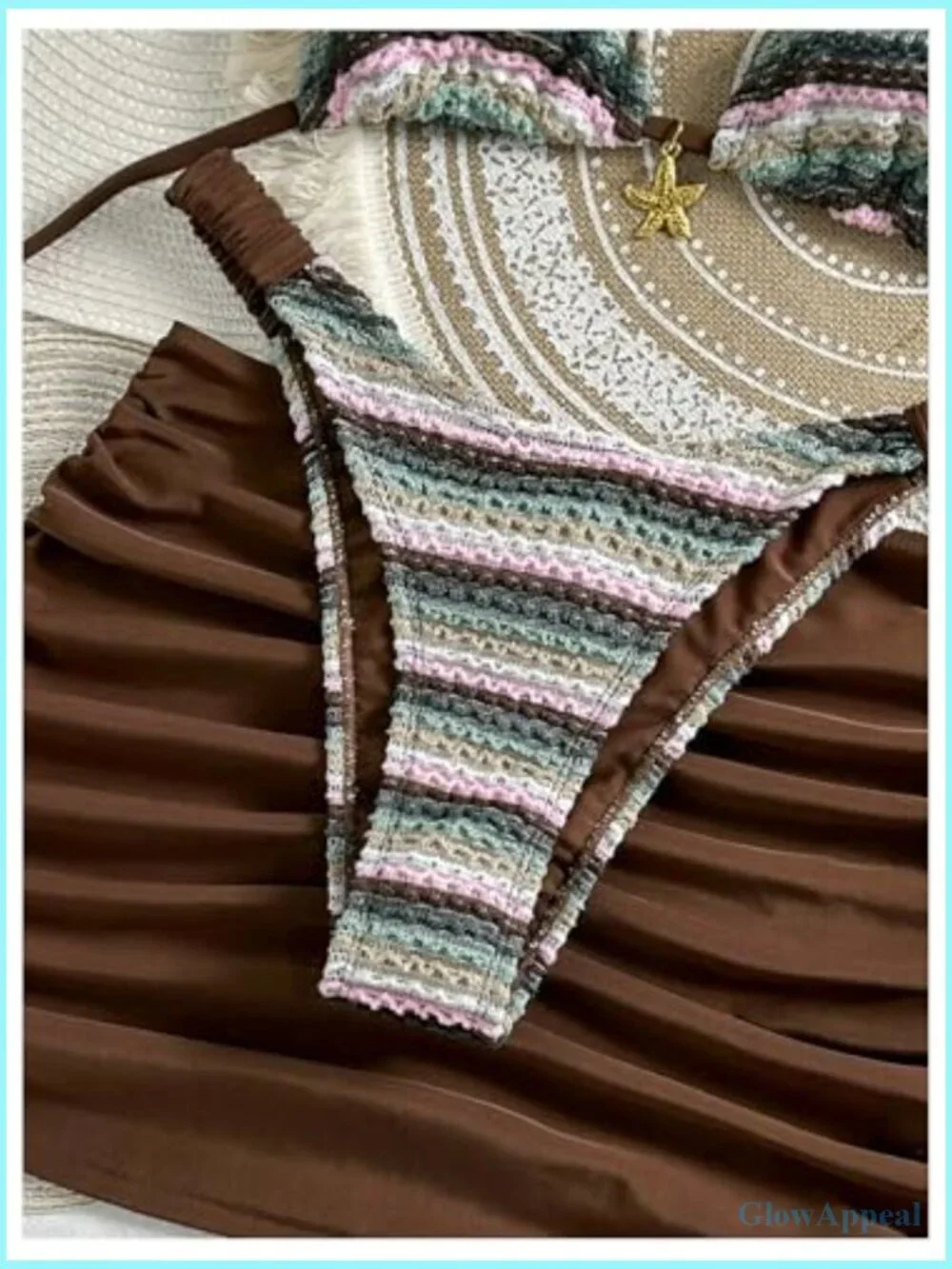 3 Piece Knit Striped Triangle High Cut Bikini Set with Cover Up Skirt